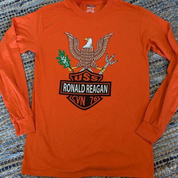 US Navy Shirt USS Ronald Reagan T-Shirt Men's S Orange L/S USN CVN 76 Pullover T - Picture 2 of 6